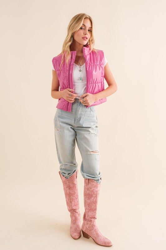 GLOSSY CROPPED ZIP VEST