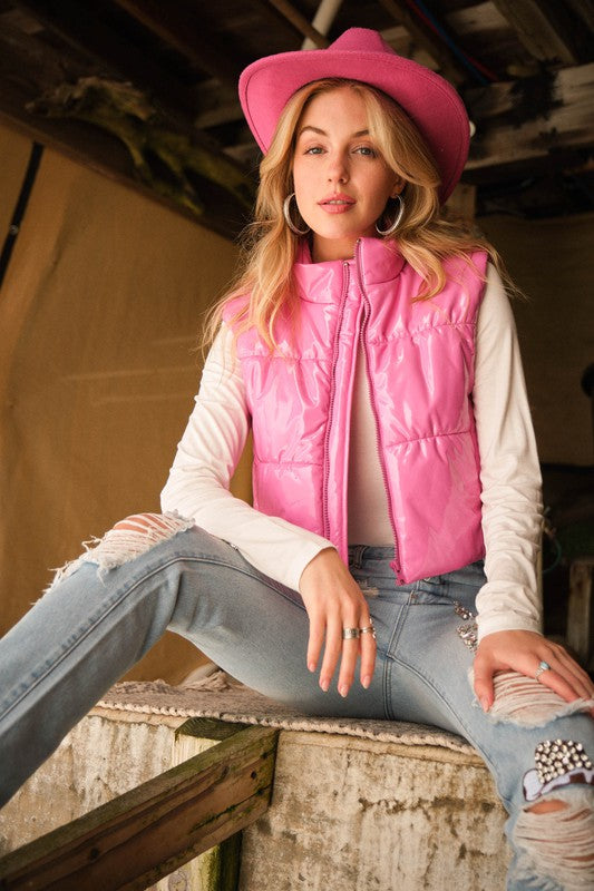 GLOSSY CROPPED ZIP VEST