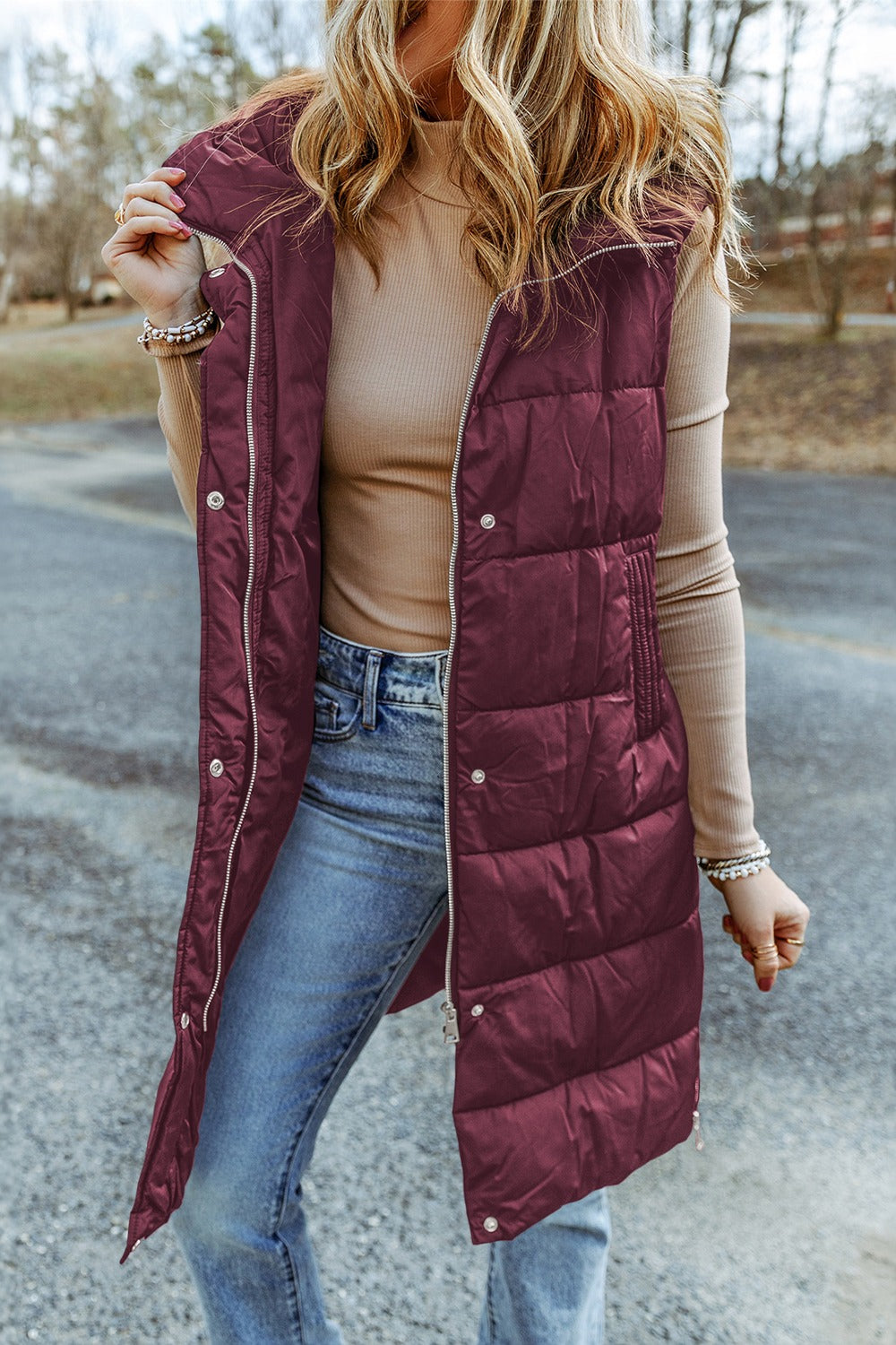 LONGLINE HOODED SLEEVELESS PUFFER VEST
