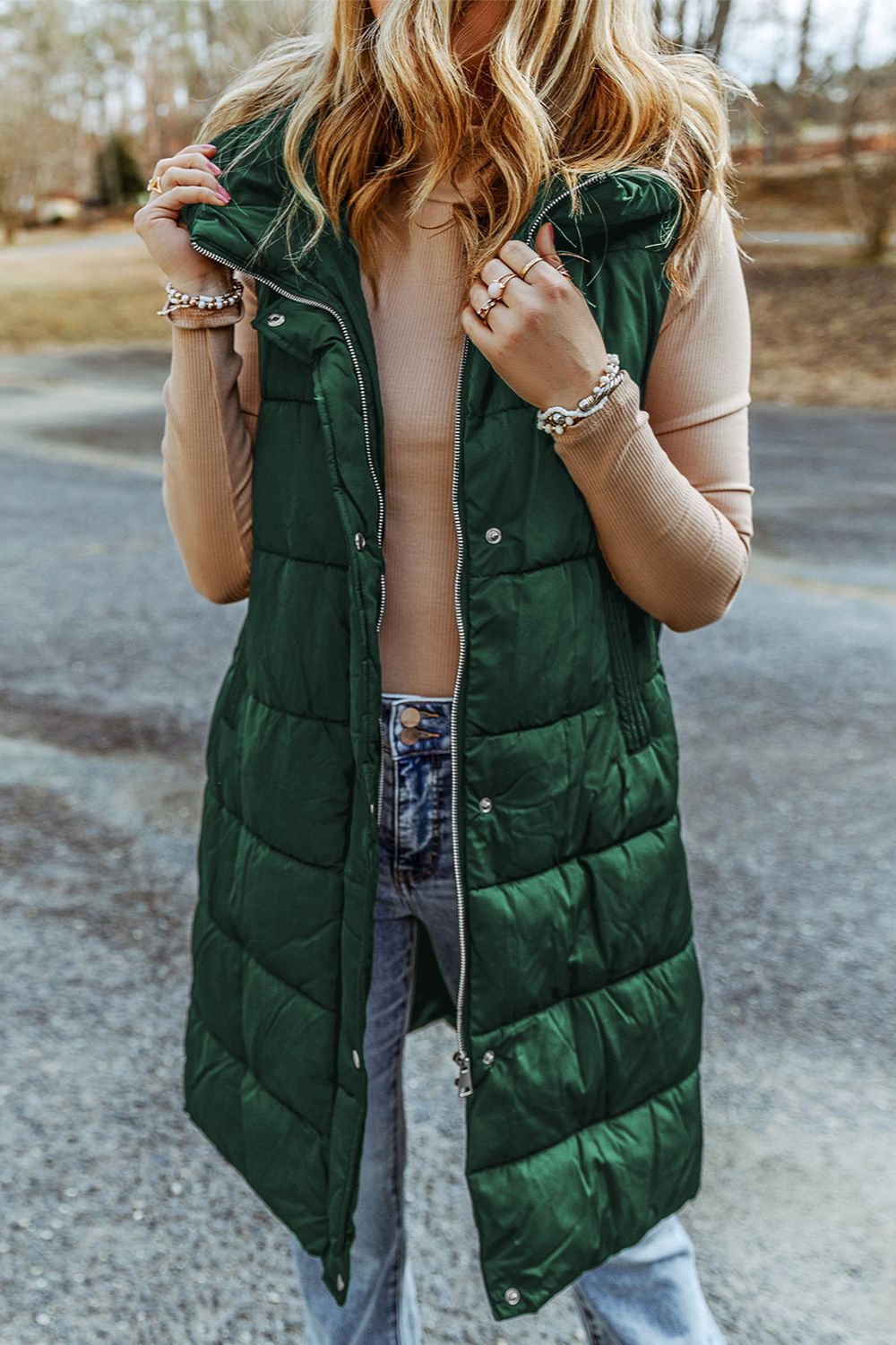 LONGLINE HOODED SLEEVELESS PUFFER VEST