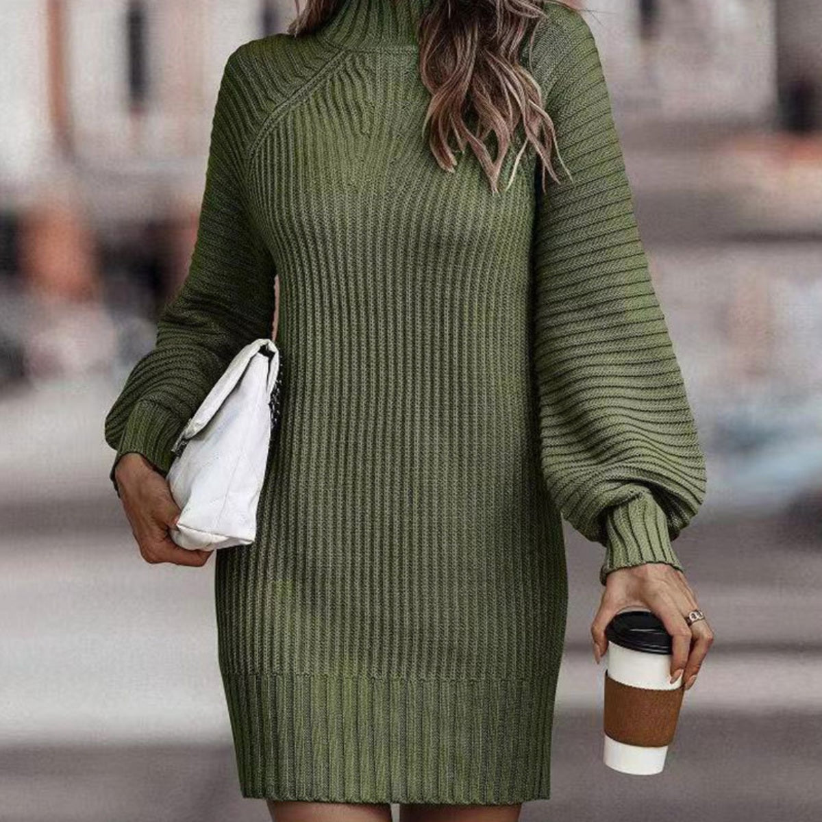 MOCK NECK LANTERN SLEEVE SWEATER DRESS