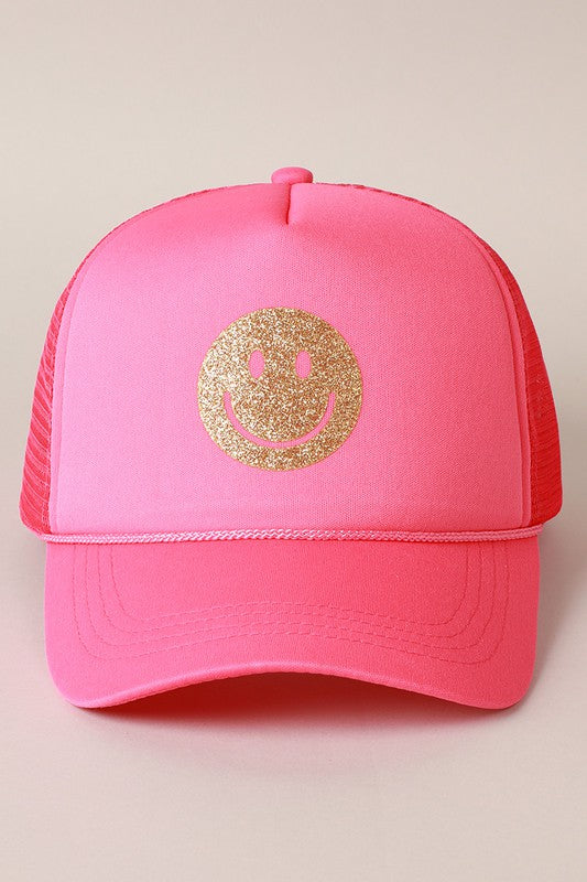 GLITTER HAPPY FACE FOAM TRUCKER HAT