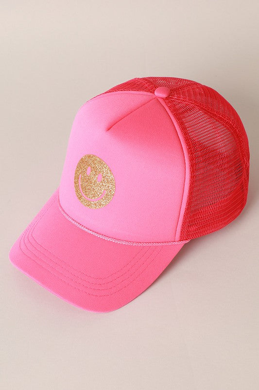 GLITTER HAPPY FACE FOAM TRUCKER HAT
