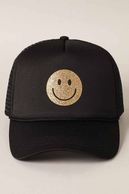 GLITTER HAPPY FACE FOAM TRUCKER HAT