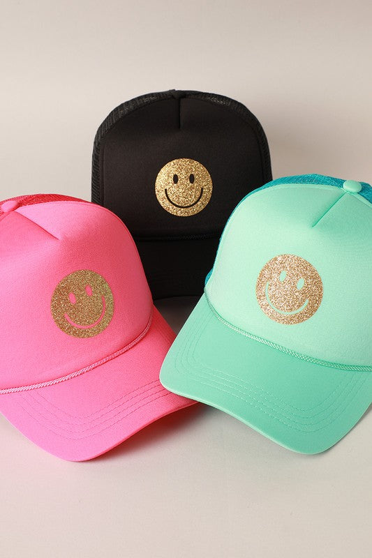 GLITTER HAPPY FACE FOAM TRUCKER HAT