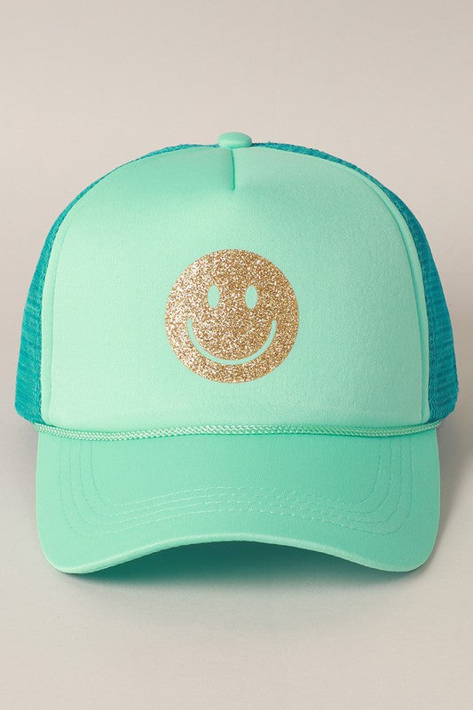 GLITTER HAPPY FACE FOAM TRUCKER HAT