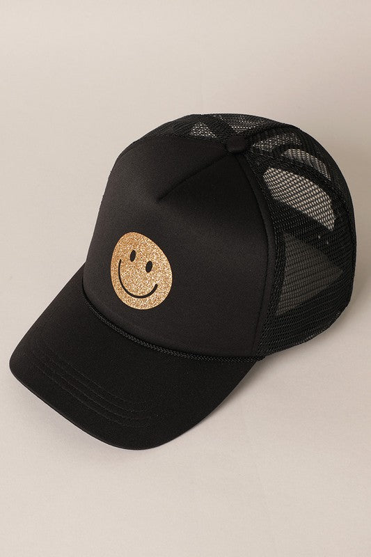 GLITTER HAPPY FACE FOAM TRUCKER HAT
