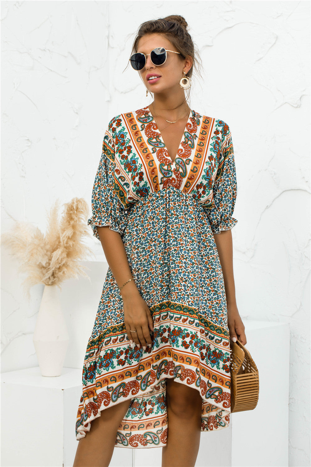 PRINTED BOHEMIAN V NECK DRESS