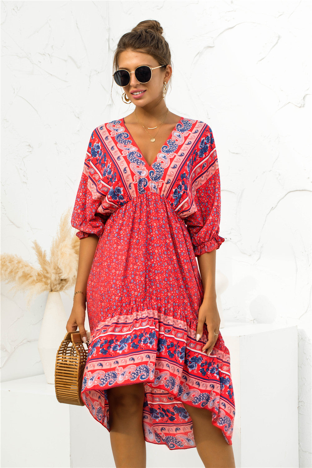 PRINTED BOHEMIAN V NECK DRESS