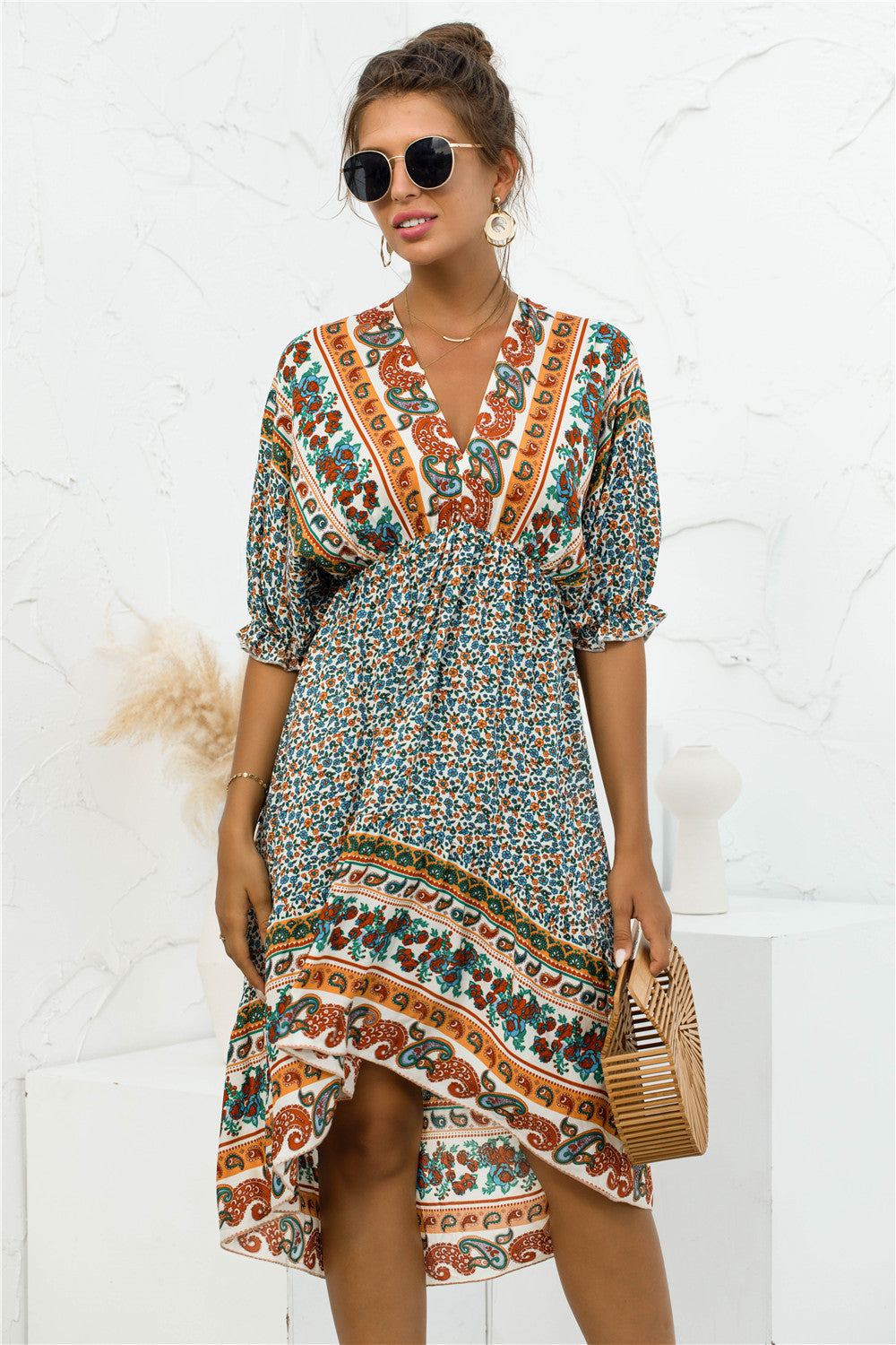 PRINTED BOHEMIAN V NECK DRESS