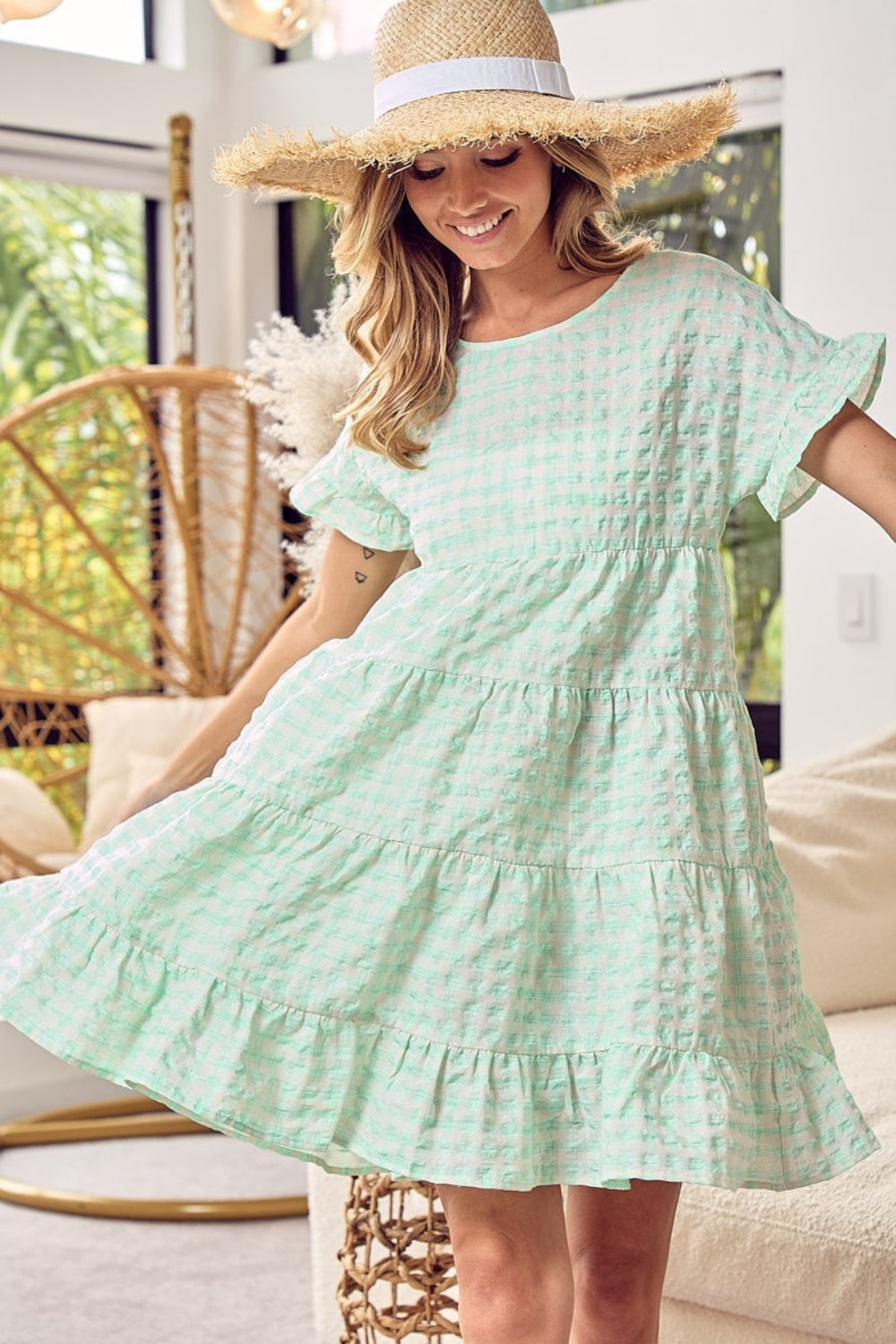 RUFFLED HEM SHORT SLEEVE TIERED DRESS