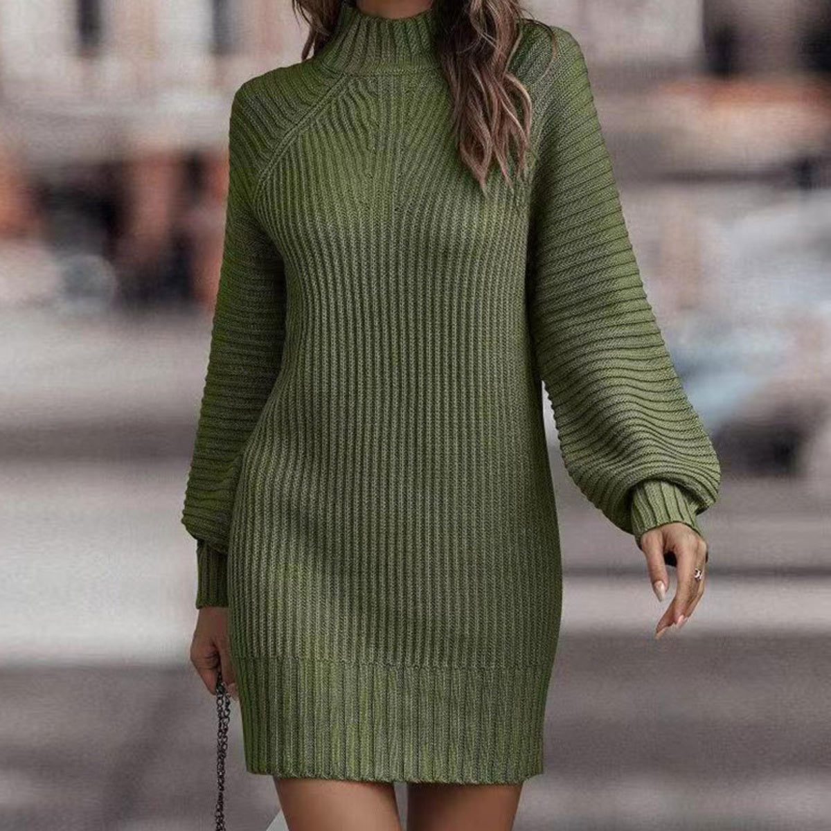 MOCK NECK LANTERN SLEEVE SWEATER DRESS