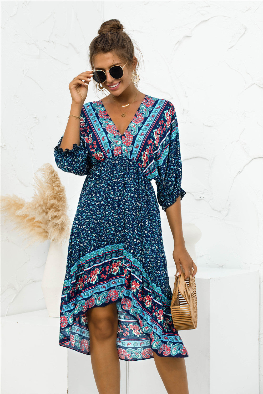 PRINTED BOHEMIAN V NECK DRESS