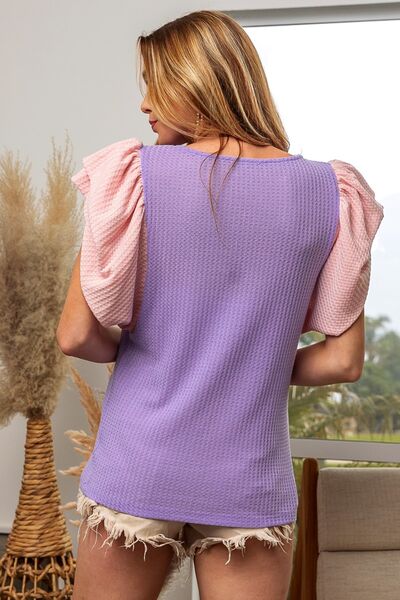 CONTRAST WAFFLE KNIT RUFFLED CAP SLEEVE TOP