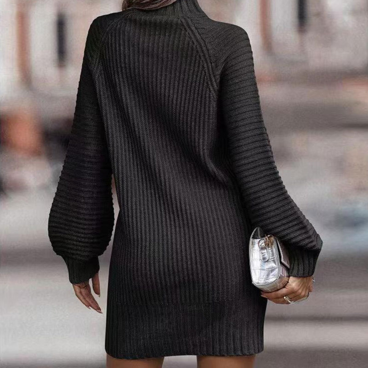 MOCK NECK LANTERN SLEEVE SWEATER DRESS