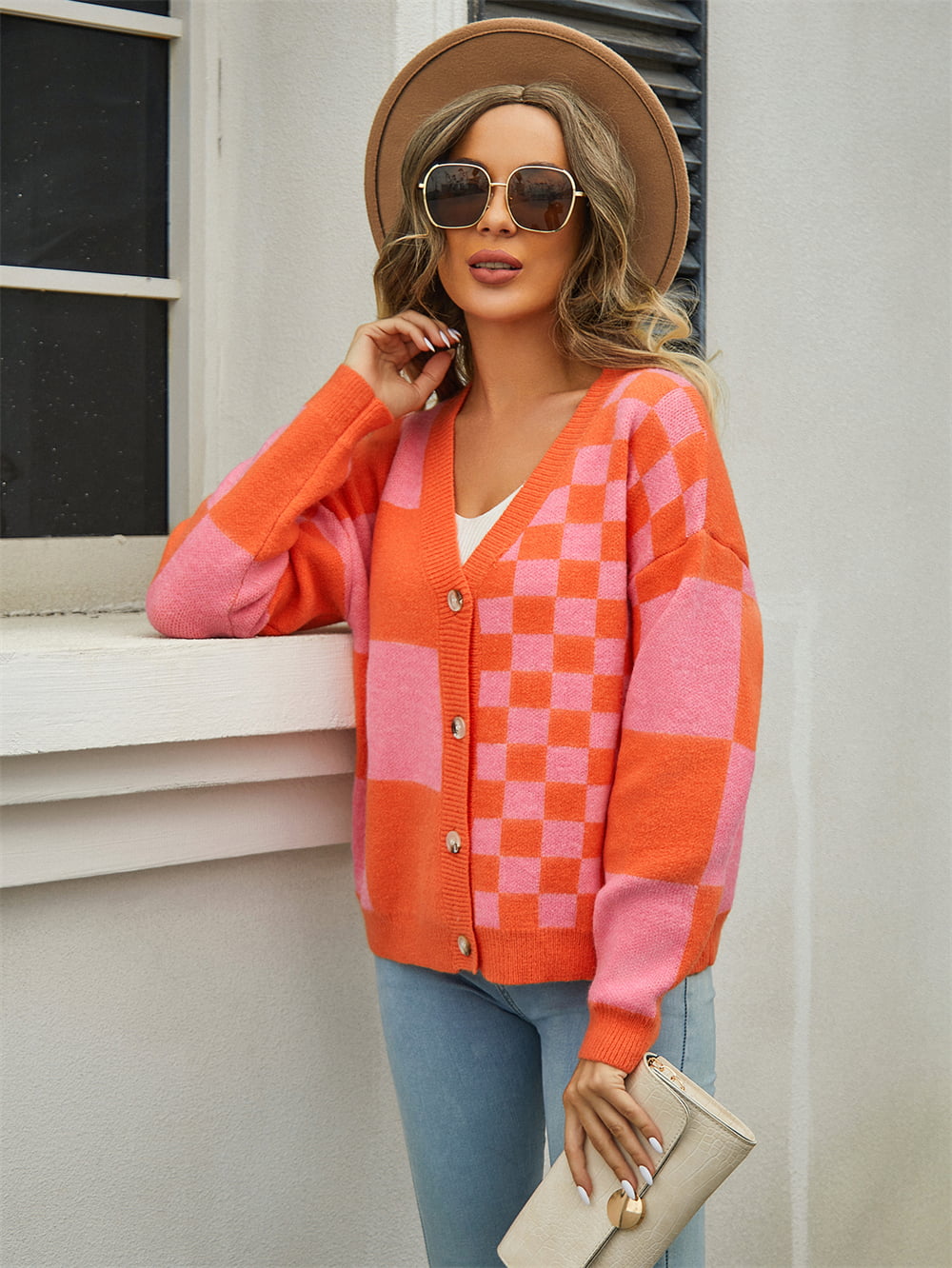 MULTI CHECK V NECK CARDI