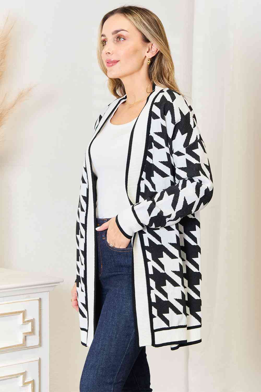 HOUNDSTOOTH OPEN LONGLINE CARDIGAN