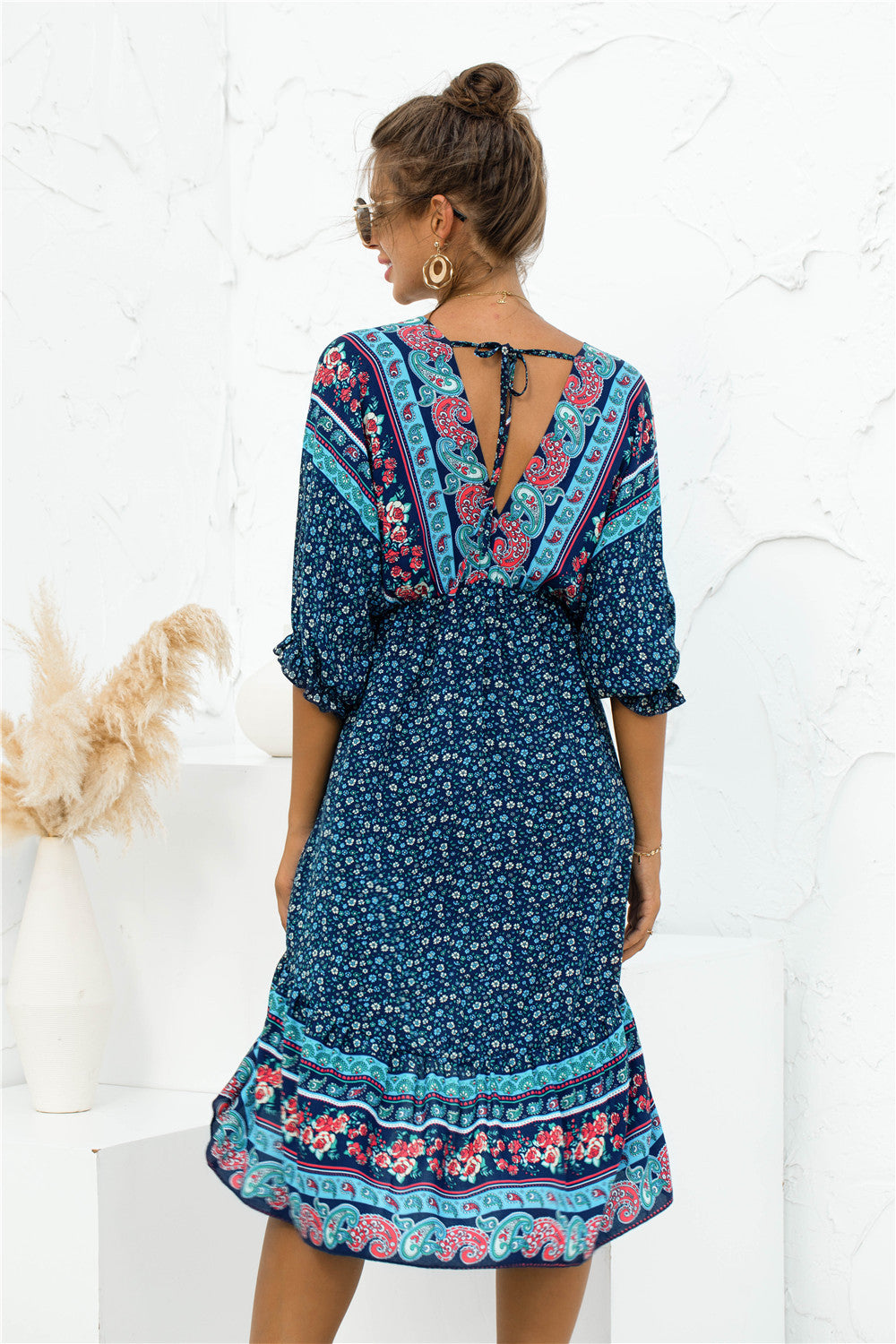 PRINTED BOHEMIAN V NECK DRESS