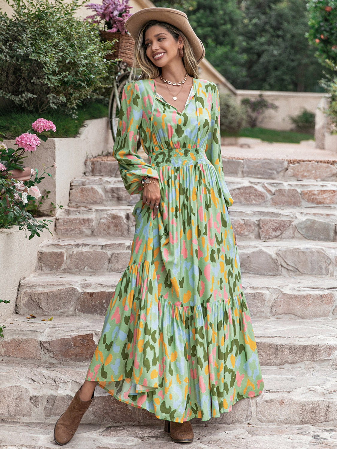 green maxi dress with sleeves Melissa Hunter Long Sleeve ruffled detailing along the sleeves and hem Savanah Dark Green Maxi Dress