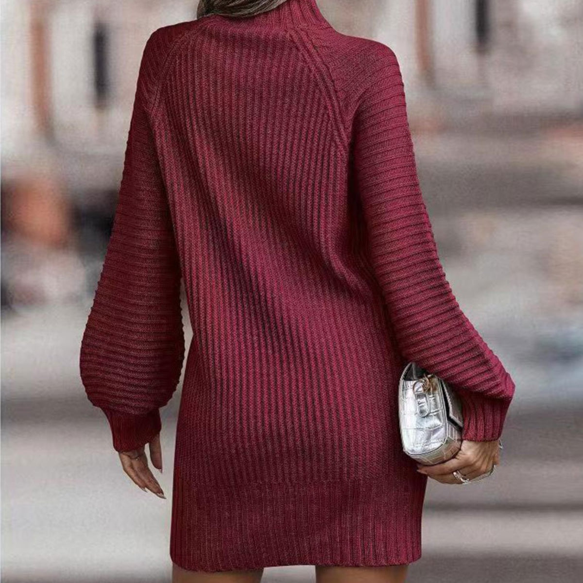 MOCK NECK LANTERN SLEEVE SWEATER DRESS