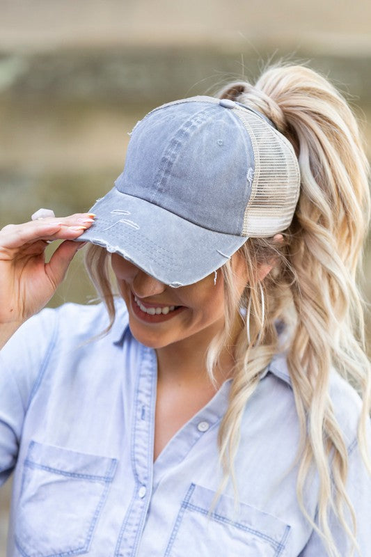 DISTRESSED MESSY BUN HAT