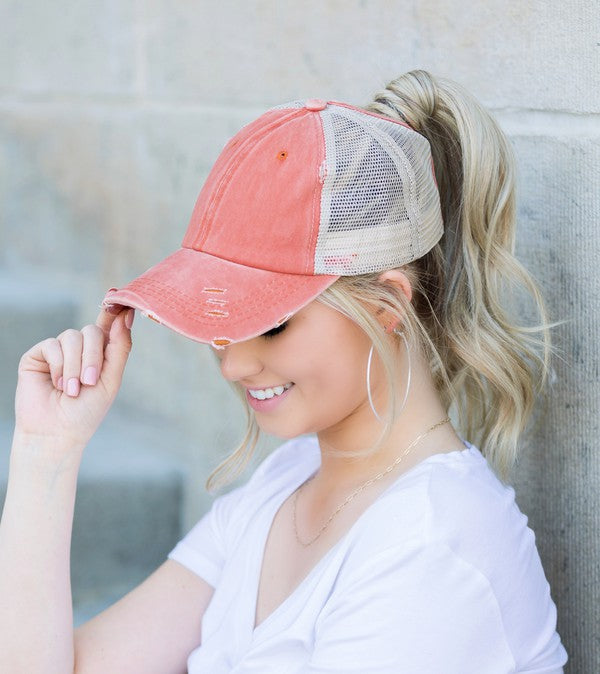 DISTRESSED MESSY BUN HAT