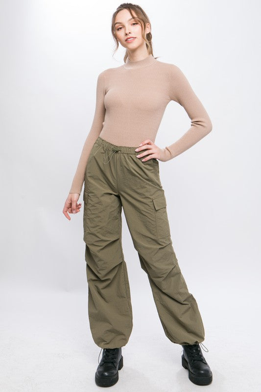 Zara Nylon Blend Parachute Trousers Cargo Pants Womens Small Tan Beige Soft