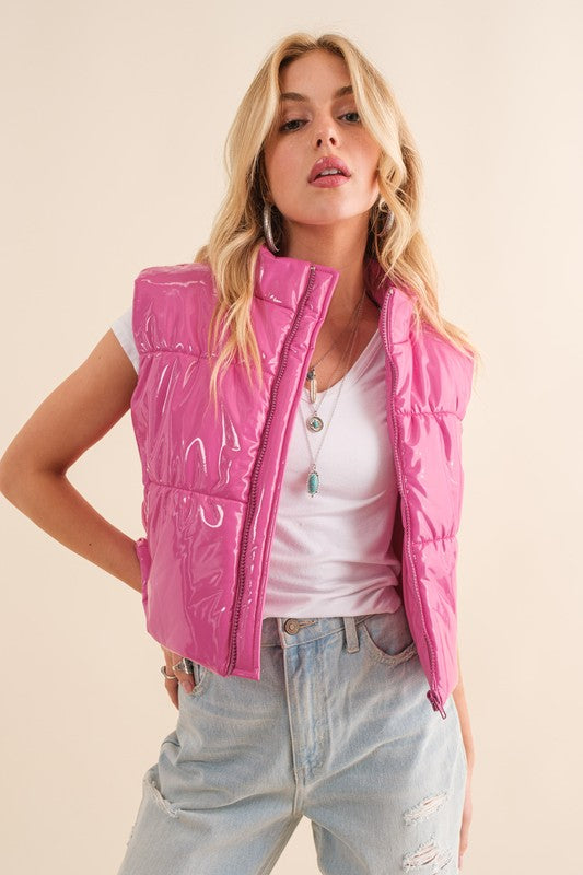GLOSSY CROPPED ZIP VEST