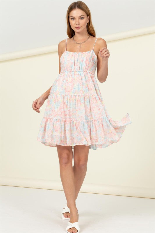 FLIRTY FLORAL TIE-STRAP MIDI DRESS