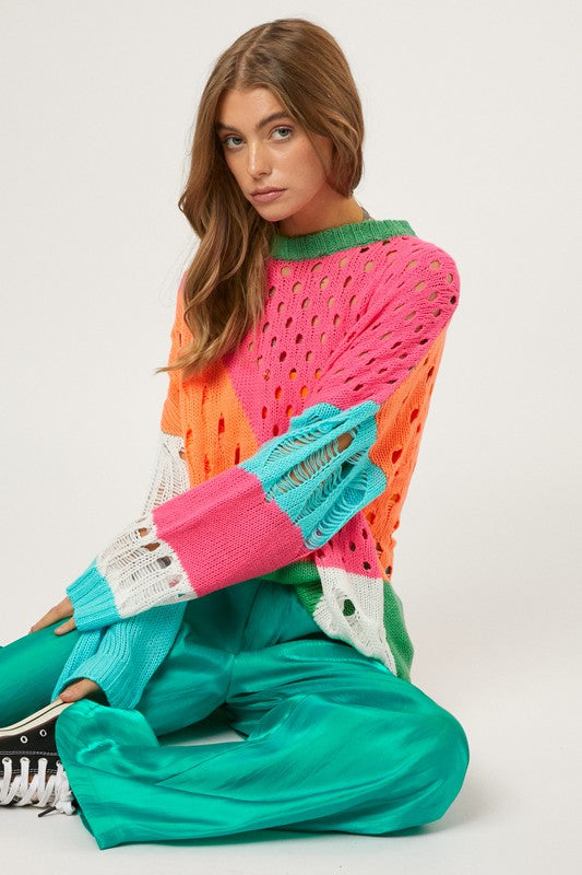 COLOR BLOCK DISTRESSED SWEATER