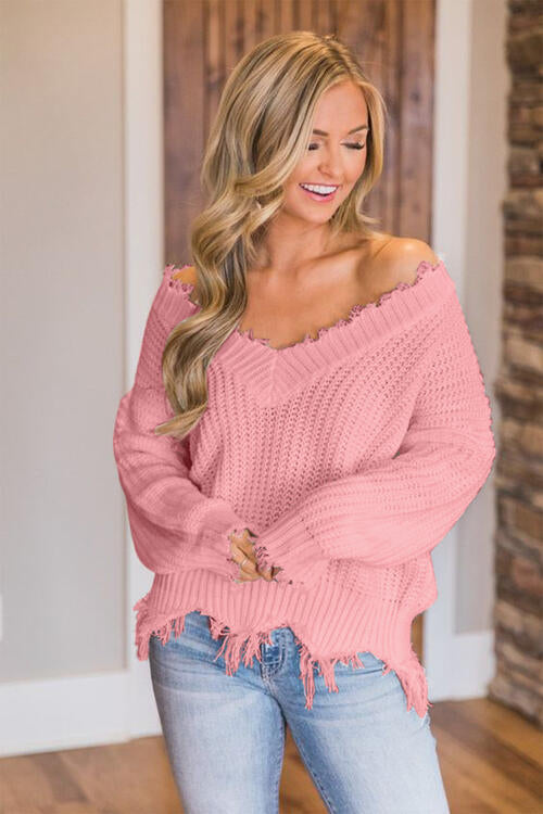 FRAYED HEM DROPPED SHOULDER SWEATER