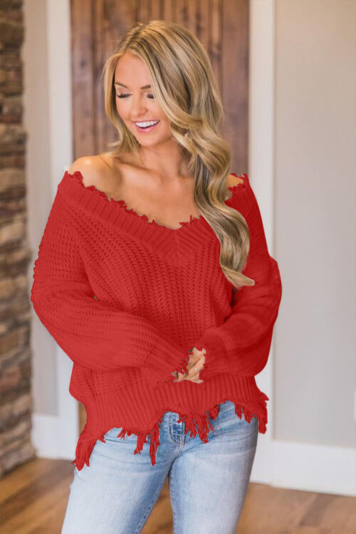 FRAYED HEM DROPPED SHOULDER SWEATER