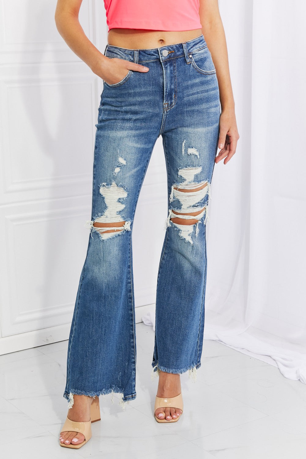 HAZEL HIGH RISE DISTRESSED FLARE JEANS