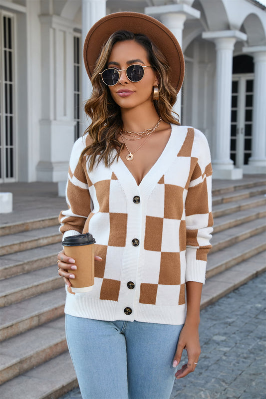 V-NECK CHECK CARDI