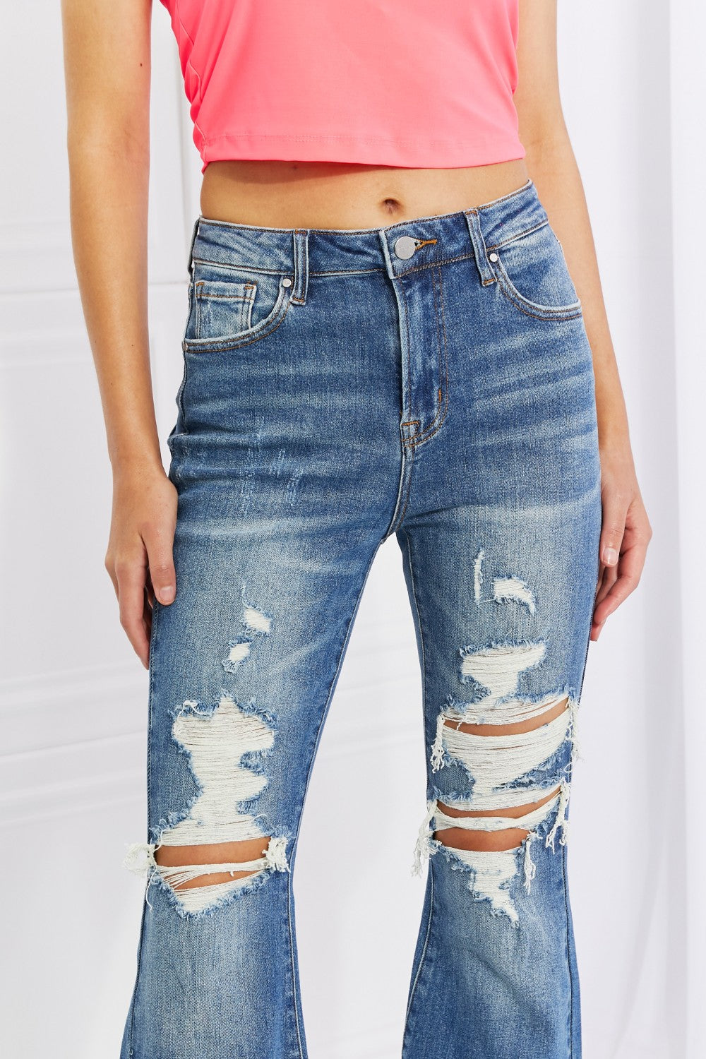 HAZEL HIGH RISE DISTRESSED FLARE JEANS