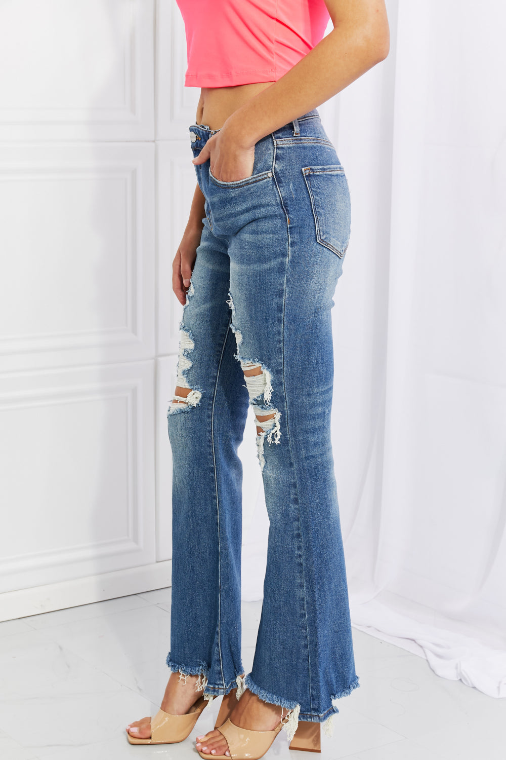 HAZEL HIGH RISE DISTRESSED FLARE JEANS