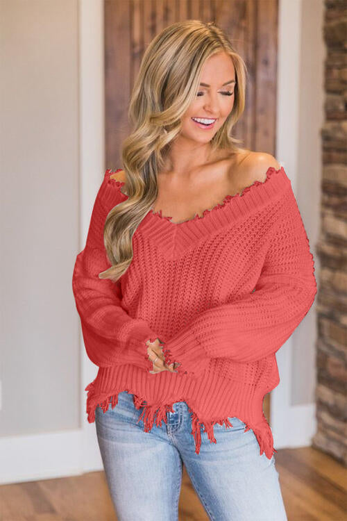 FRAYED HEM DROPPED SHOULDER SWEATER