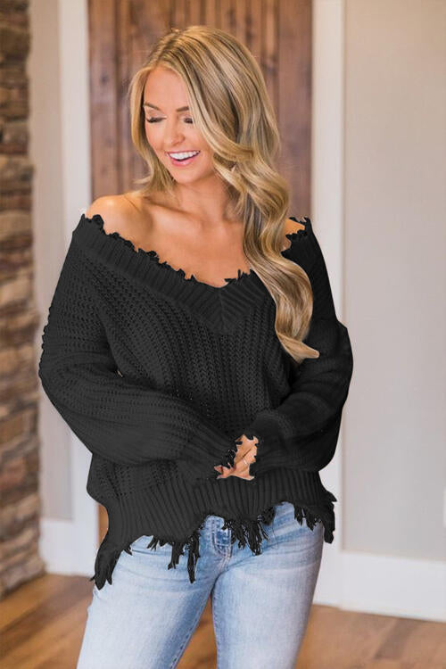 FRAYED HEM DROPPED SHOULDER SWEATER