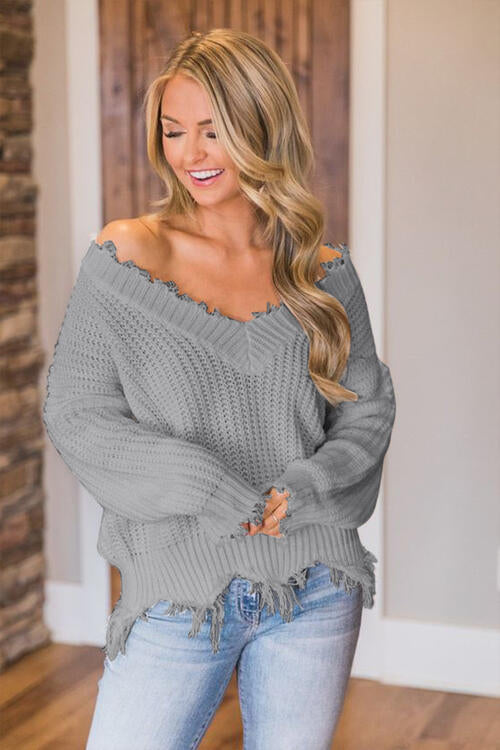 FRAYED HEM DROPPED SHOULDER SWEATER