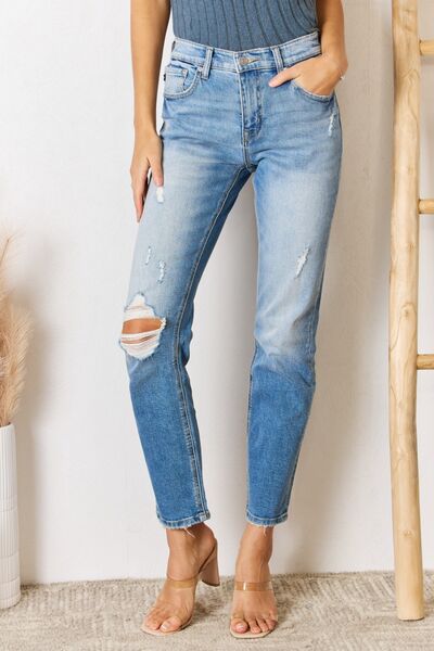 HIGH RISE DISTRESSED SLIM STRAIGHT JEANS