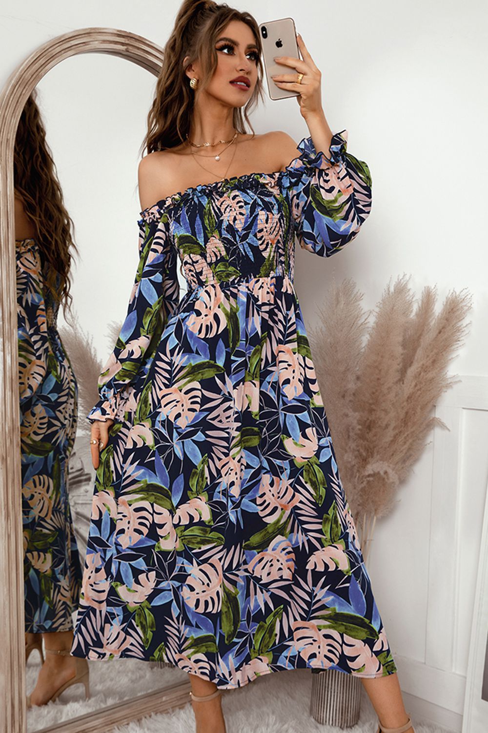 BOTANICAL OFF THE SHOULDER DRESS