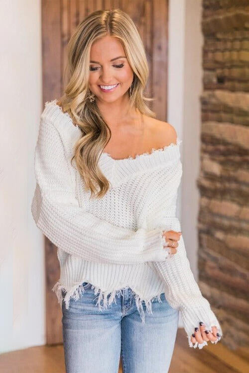 FRAYED HEM DROPPED SHOULDER SWEATER