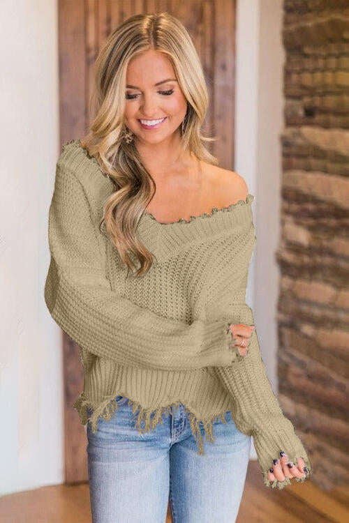 FRAYED HEM DROPPED SHOULDER SWEATER