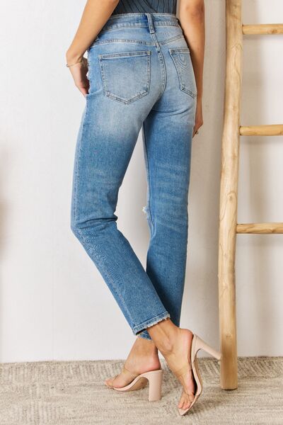 HIGH RISE DISTRESSED SLIM STRAIGHT JEANS