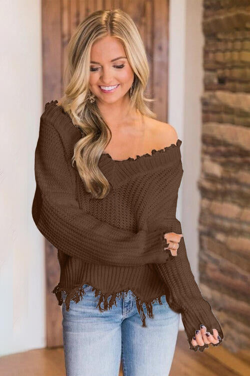 FRAYED HEM DROPPED SHOULDER SWEATER