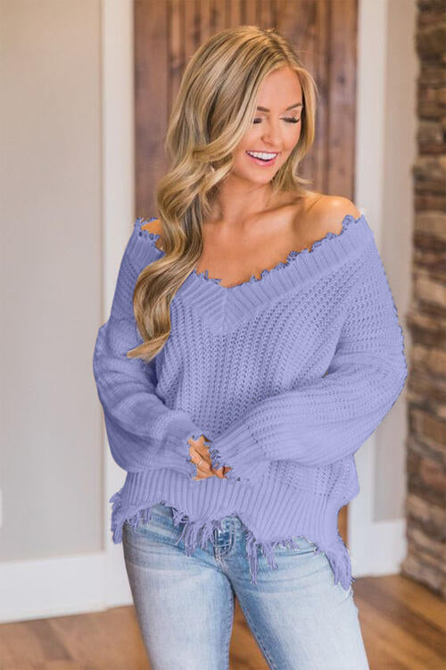 FRAYED HEM DROPPED SHOULDER SWEATER